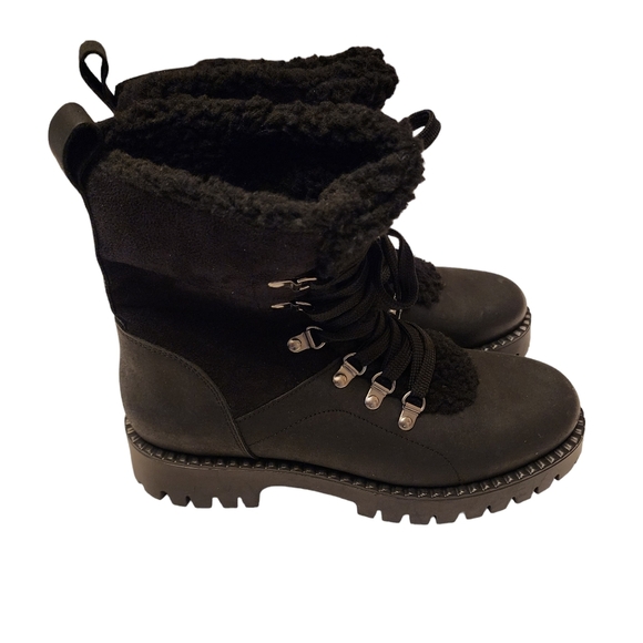 Bootlegger Black Leather & Sherpa Combat Winter Boots Size 8 - Picture 3 of 8